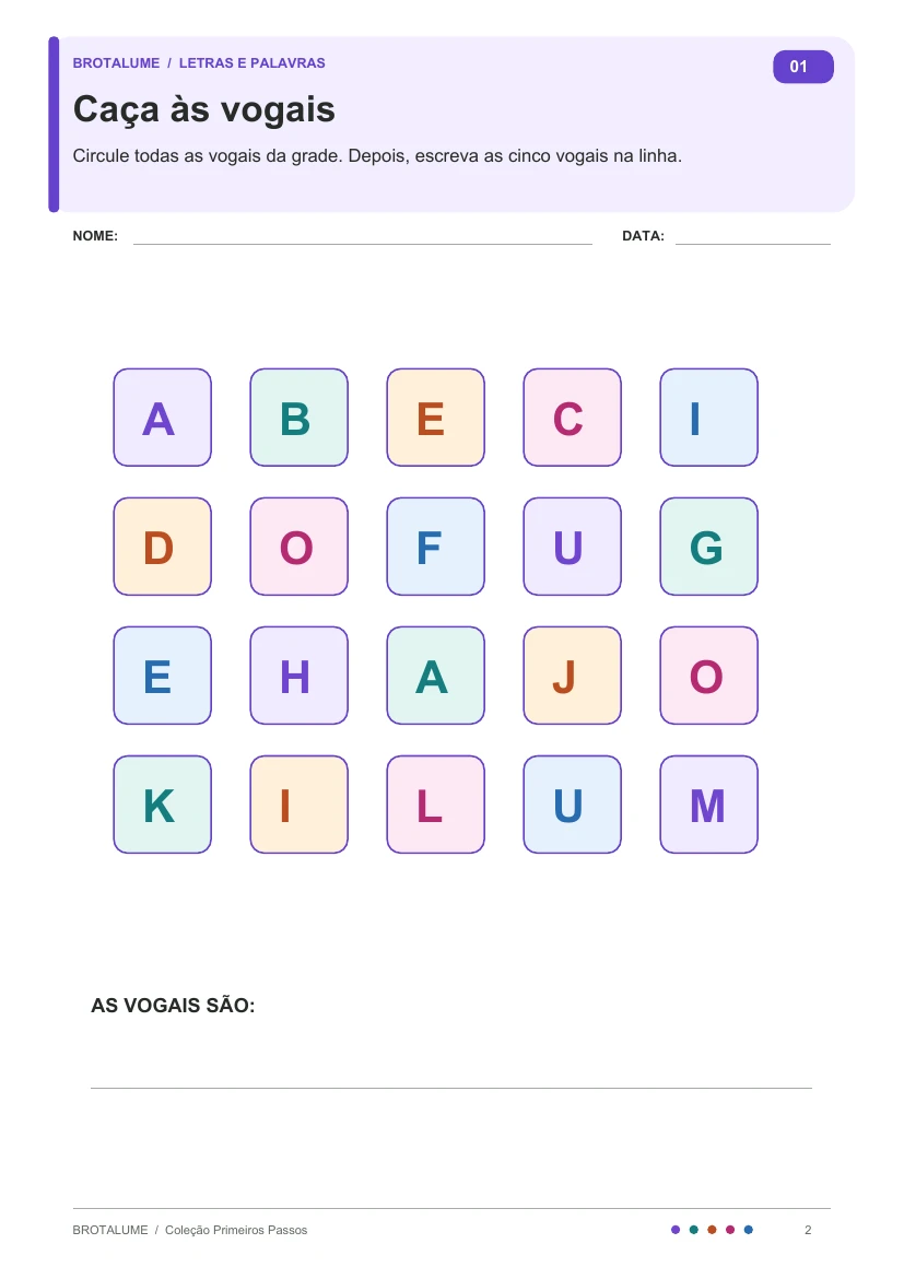 Atividade Caça às vogais, com uma grade de letras para circular